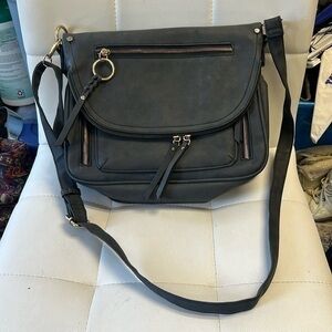 Shoulder Handbag  Gray Faux Suede O Ring Flap Over Expand